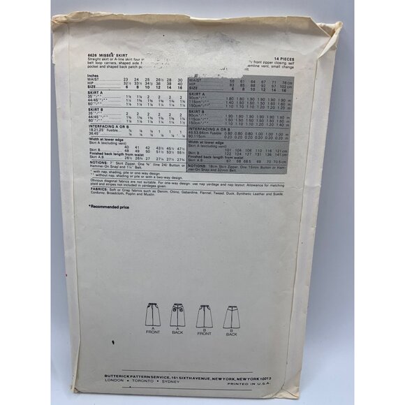 Butterick Misses Skirt Sewing Pattern sz 12 6626 - uncut - Picture 2 of 2